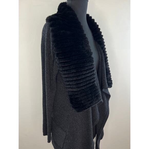 THEORY Gray Long Sleeve Maritza Fur Genuine Rabbit Collar Wool Cardigan Size L - Picture 3 of 9